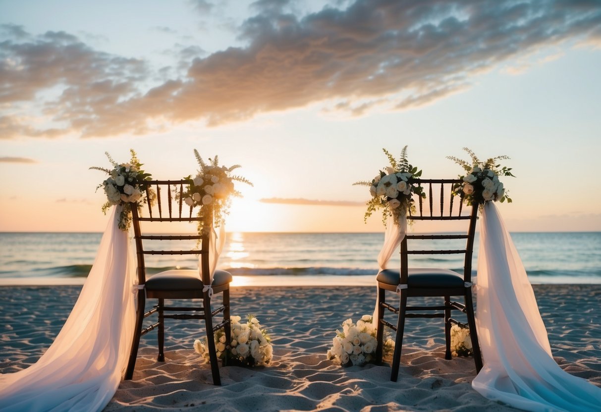 A serene beach at sunset with two chairs facing the ocean, adorned with white flowers and flowing fabric, set for a romantic vow renewal ceremony