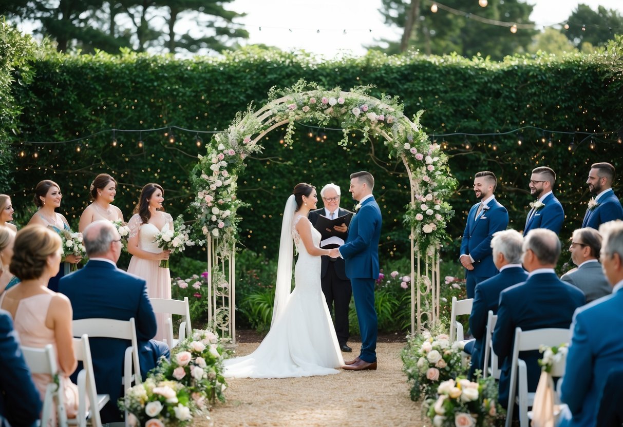 A garden adorned with flowers and twinkling lights, a couple standing beneath a beautiful arch, exchanging vows in front of friends and family