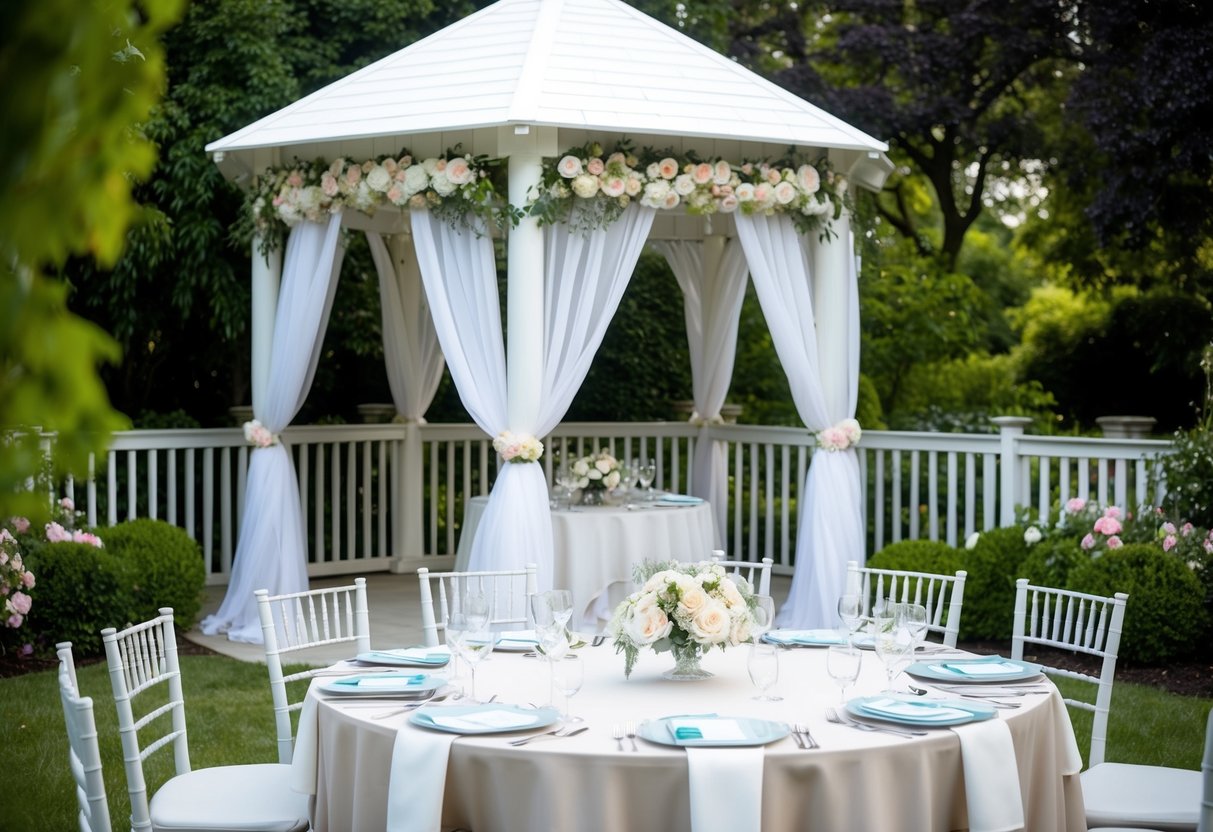 A garden setting with a white gazebo adorned with flowers and draped fabric. A table set with elegant place settings and a guest list
