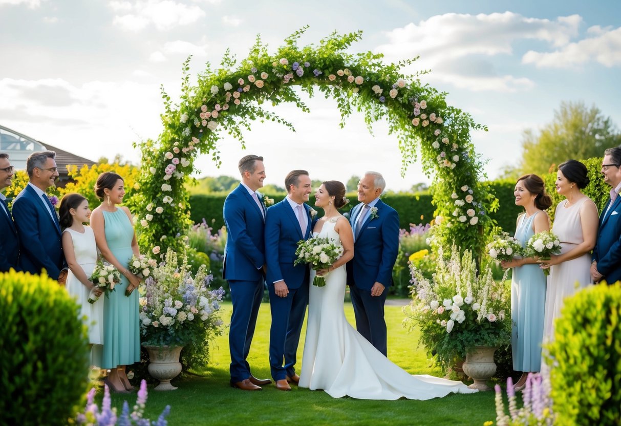 A garden setting with blooming flowers and a decorated archway, surrounded by close family and friends