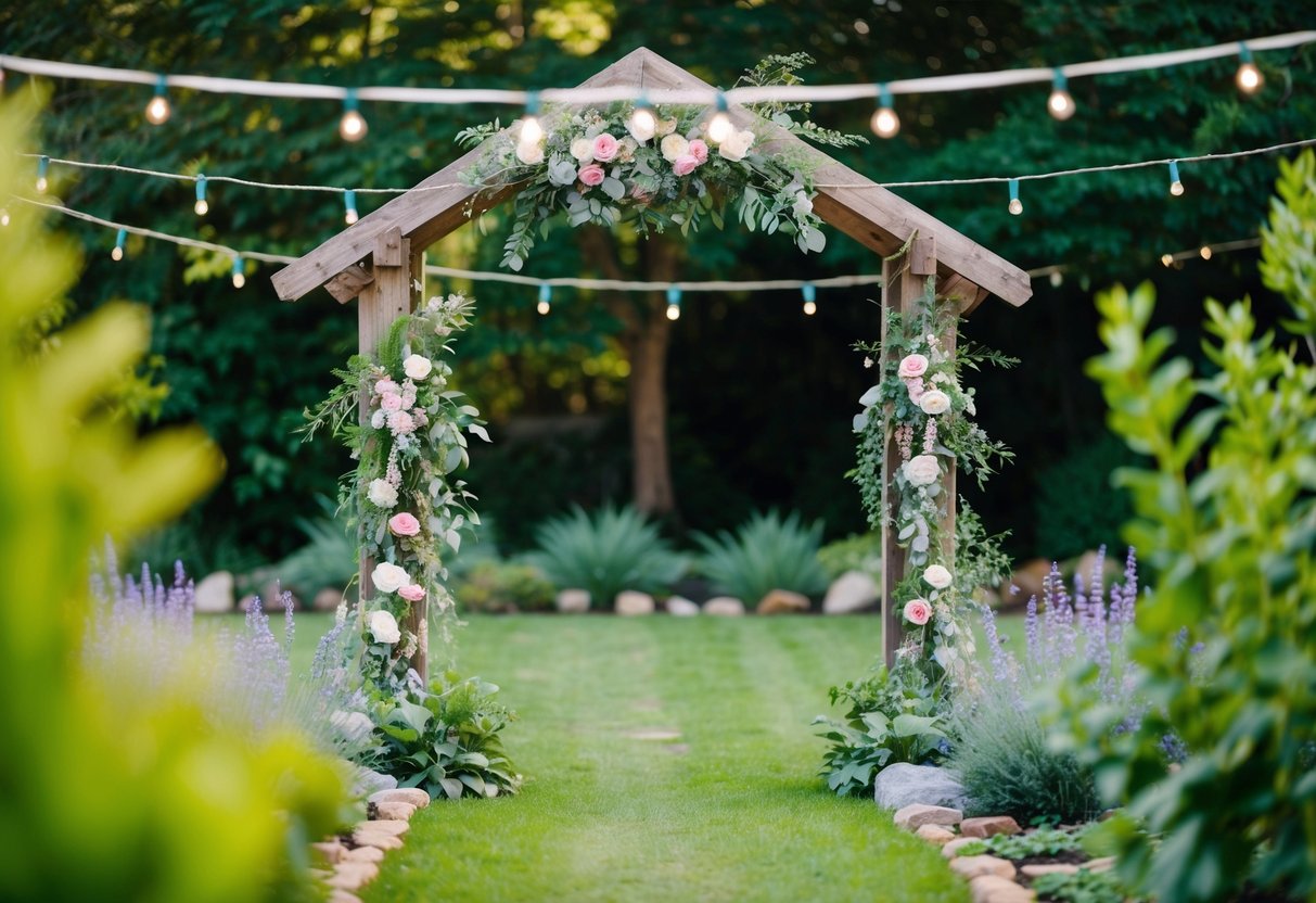 A garden setting with a rustic wooden arch adorned with flowers, surrounded by lush greenery and twinkling string lights