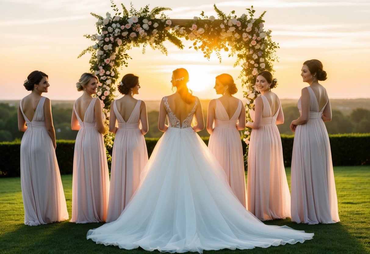A bride in a flowing white gown stands beneath an arch of flowers, surrounded by her bridesmaids in matching dresses. The sun sets behind them, casting a warm glow over the scene