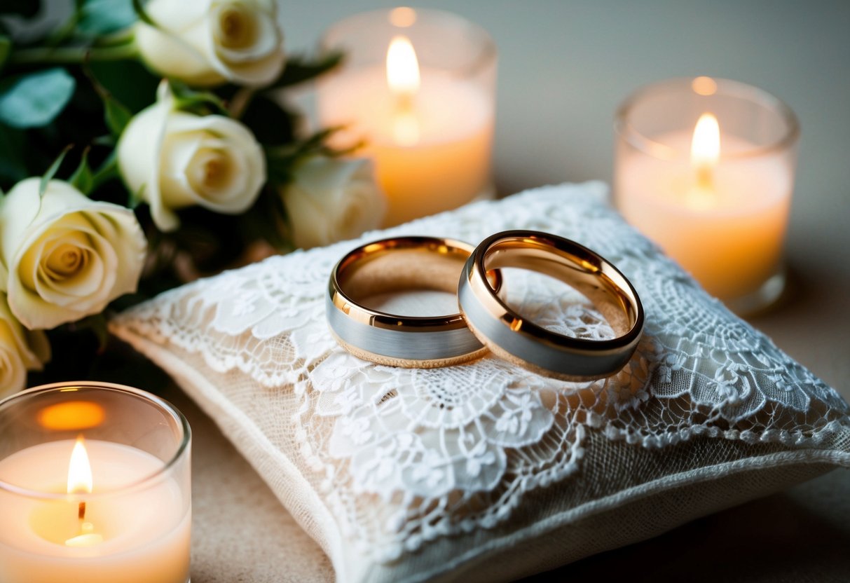 Two interlocking wedding rings on a delicate lace pillow, surrounded by soft candlelight and a bouquet of white roses