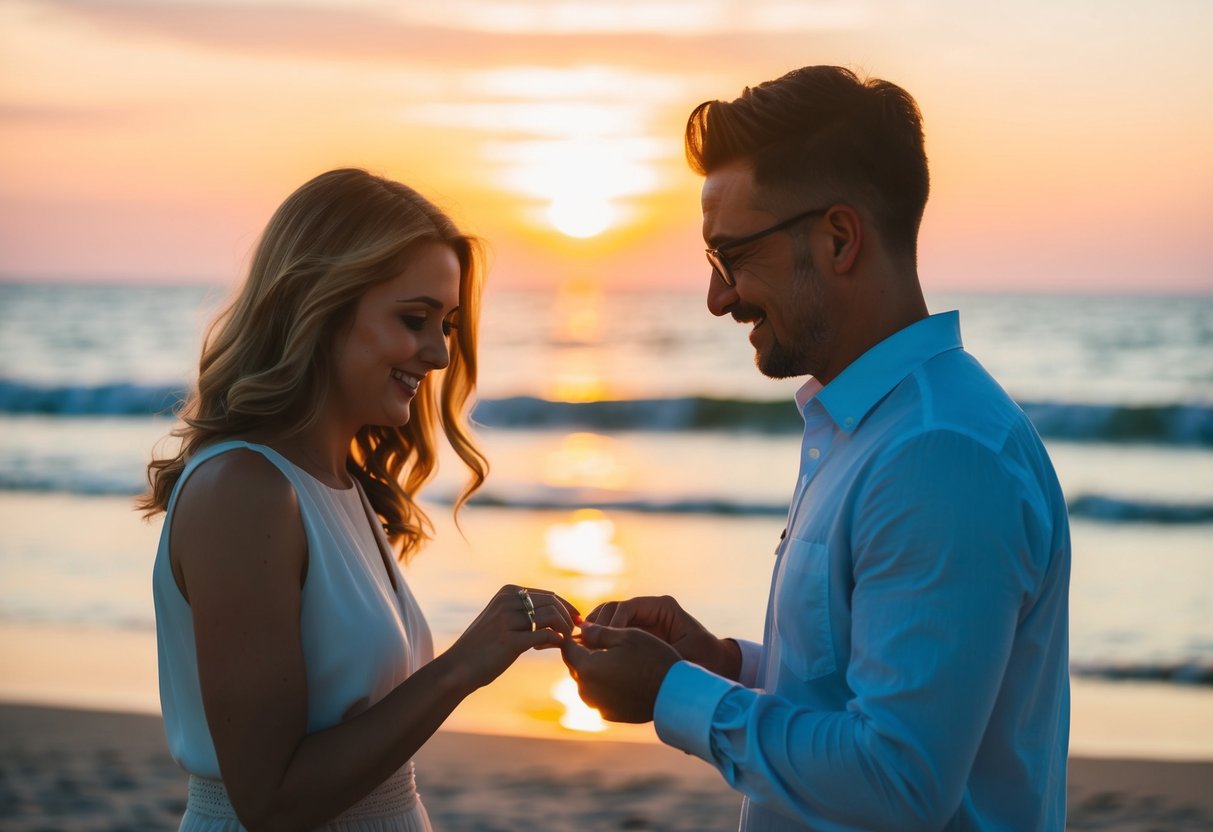 A couple standing on a beach at sunset, exchanging promise rings