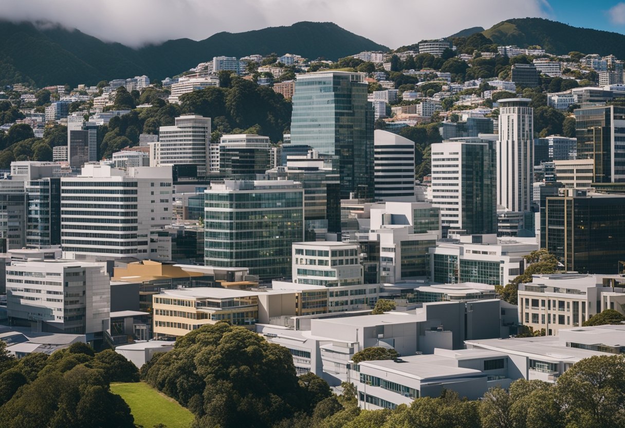 A bustling Wellington cityscape with job seekers and office buildings