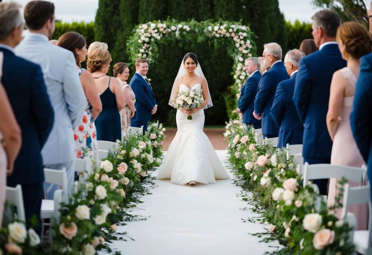 A bride in a white gown walks down a flower-lined aisle