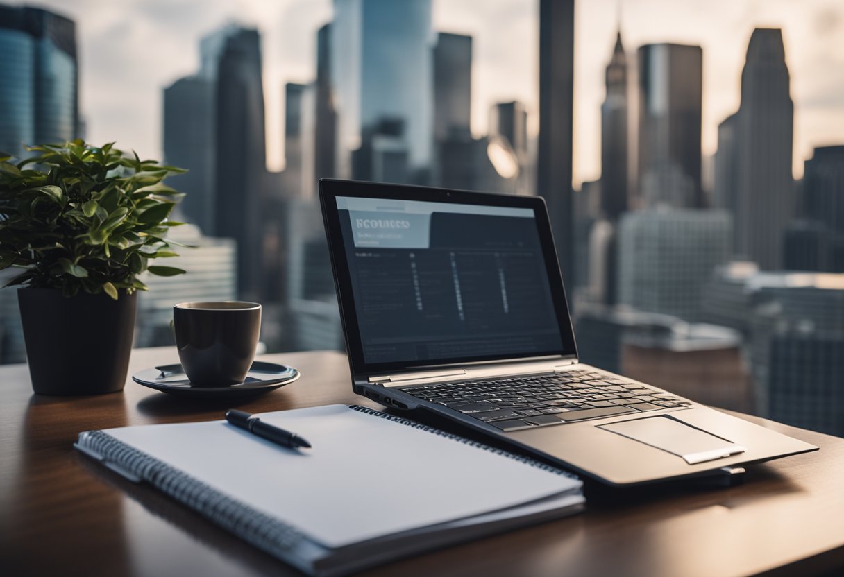 A desk with a laptop, pen, and notepad. A stack of resumes and cover letters. A city skyline in the background