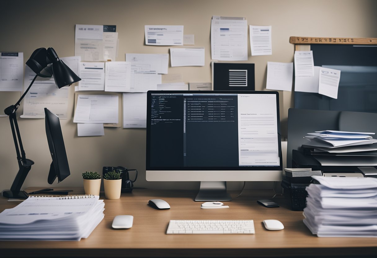 An office desk with a computer, chair, and a stack of papers labeled "Application Process" on Seek.co.nz in Wellington, New Zealand