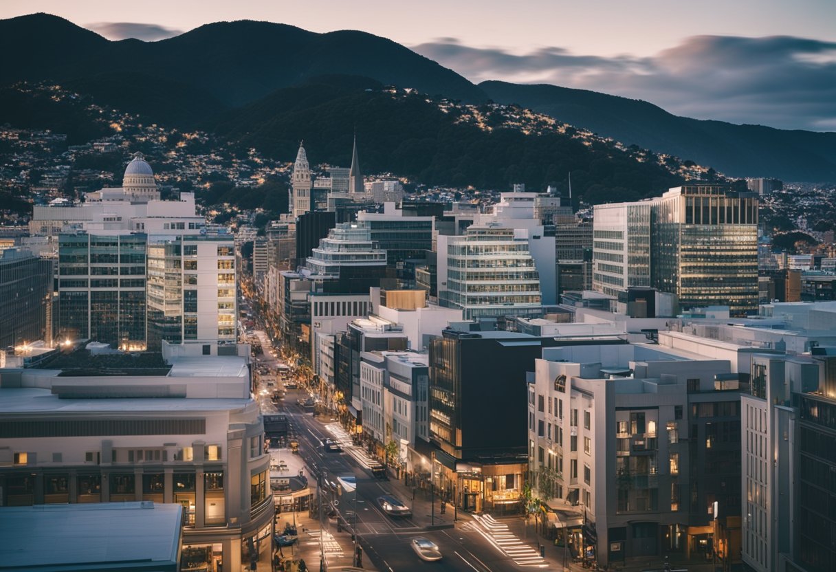 A bustling city street with a mix of modern and historic buildings, people networking in cafes, and a view of the Wellington skyline