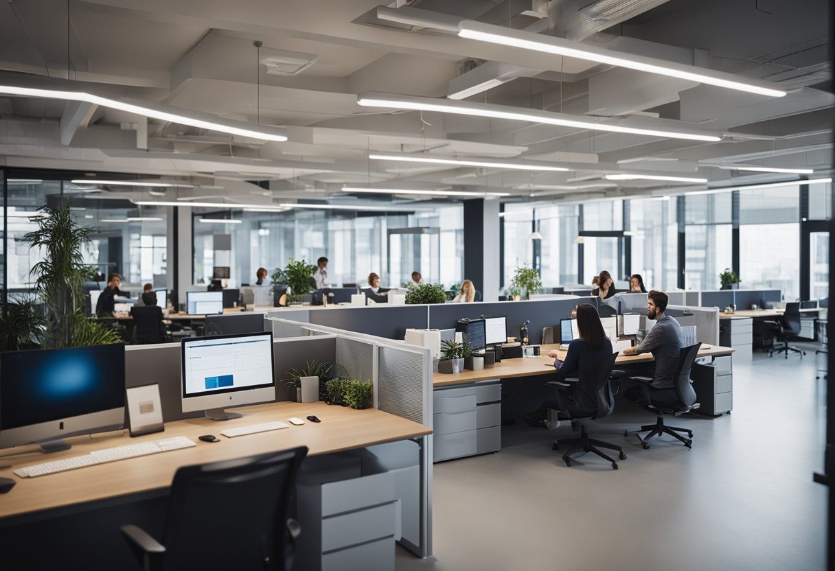 A bustling office with diverse employees collaborating in a modern, open-plan workspace. The atmosphere is professional yet relaxed, with a strong emphasis on teamwork and innovation