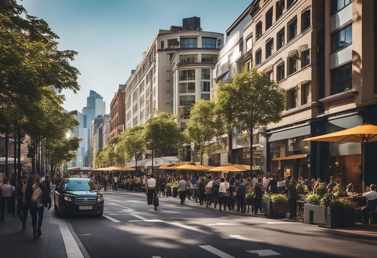 A bustling city street with modern buildings, people commuting, and various shops and restaurants. The scene depicts a vibrant urban environment with a mix of business and leisure activities