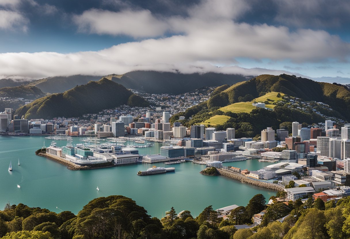 A panoramic view of Wellington's cityscape, with the harbor and surrounding hills, showcasing the vibrant and diverse urban environment