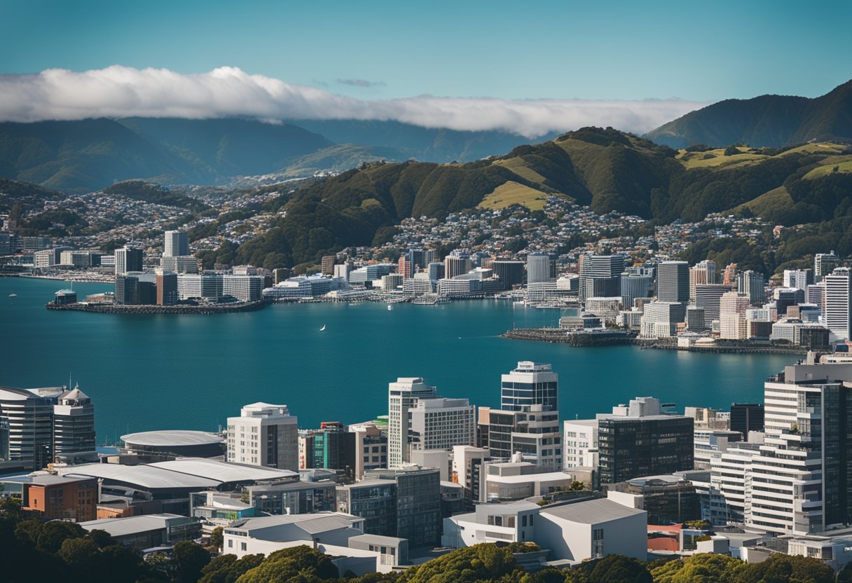 An urban skyline with modern buildings and a bustling city center in Wellington, New Zealand