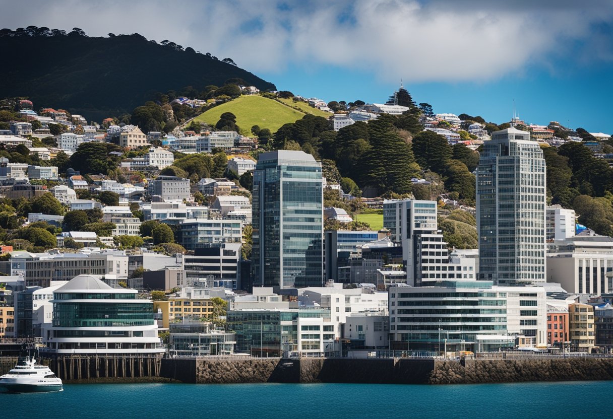 A cityscape of Wellington, New Zealand with the iconic Beehive building and the harbor in the background