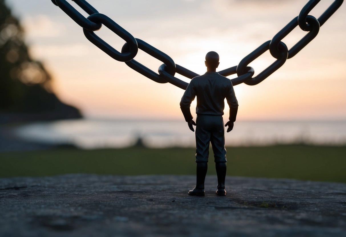 A figure standing before a broken chain, symbolizing the concept of breaking a vow. A sense of regret and consequences is evident in the atmosphere