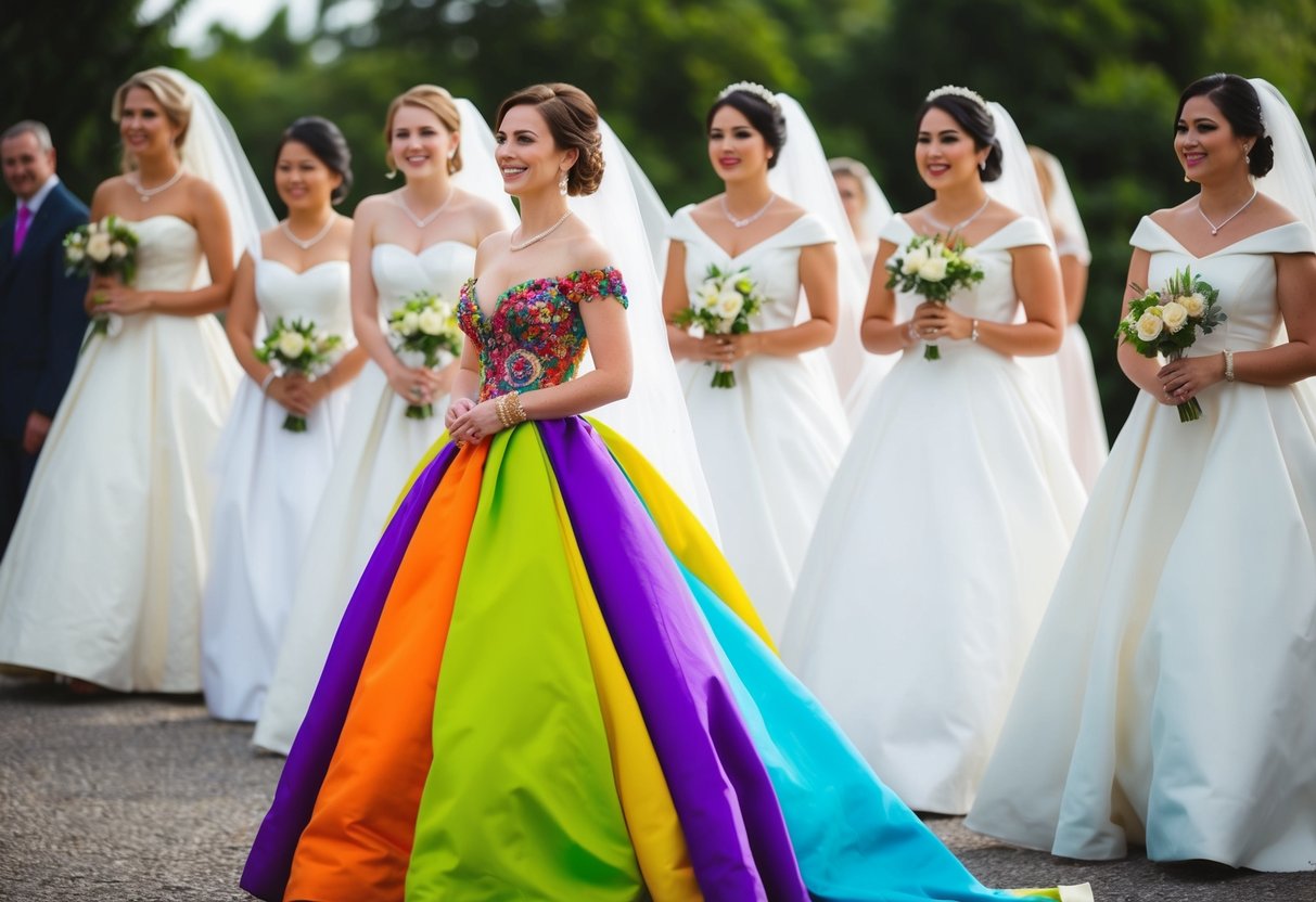 A bride in a colorful gown stands out among a group of brides wearing traditional white dresses