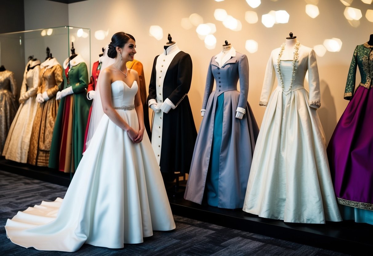 A bride in a non-white gown stands beside a display of historical bridal attire, showcasing a variety of colors and styles