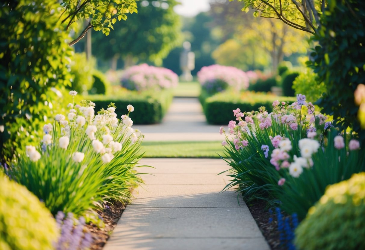A serene outdoor setting with two intertwining paths leading towards a central focal point, surrounded by blooming flowers and lush greenery