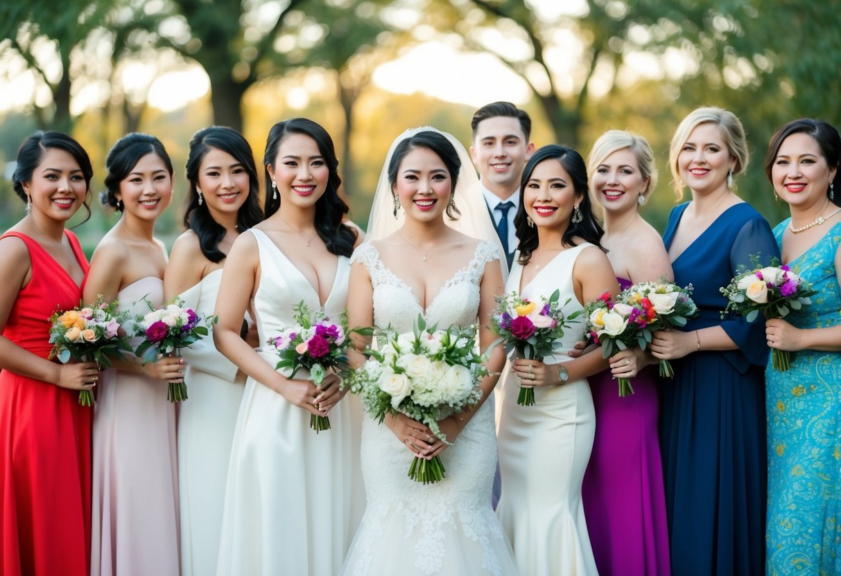 A diverse group of brides in non-traditional wedding attire, showcasing a range of colors, styles, and cultural influences