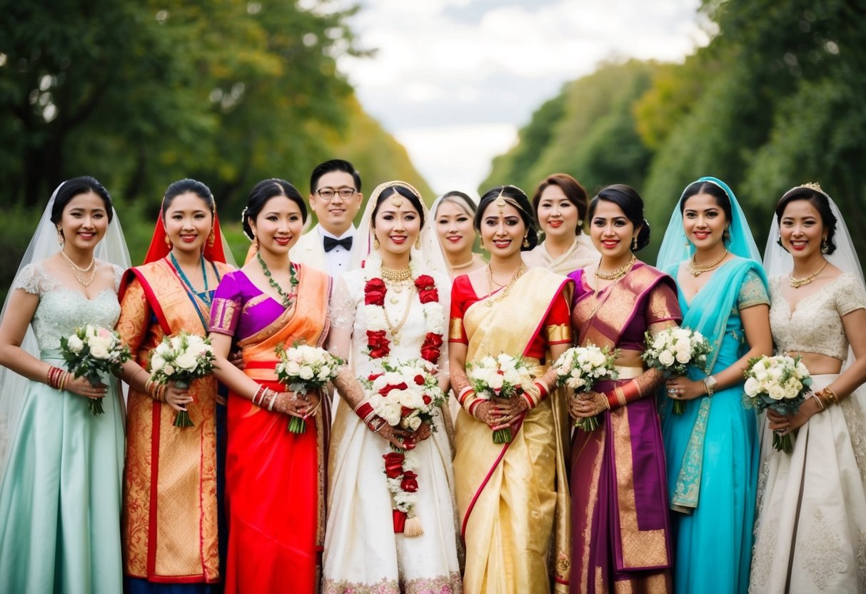 A diverse group of brides in traditional wedding attire from various cultures and countries
