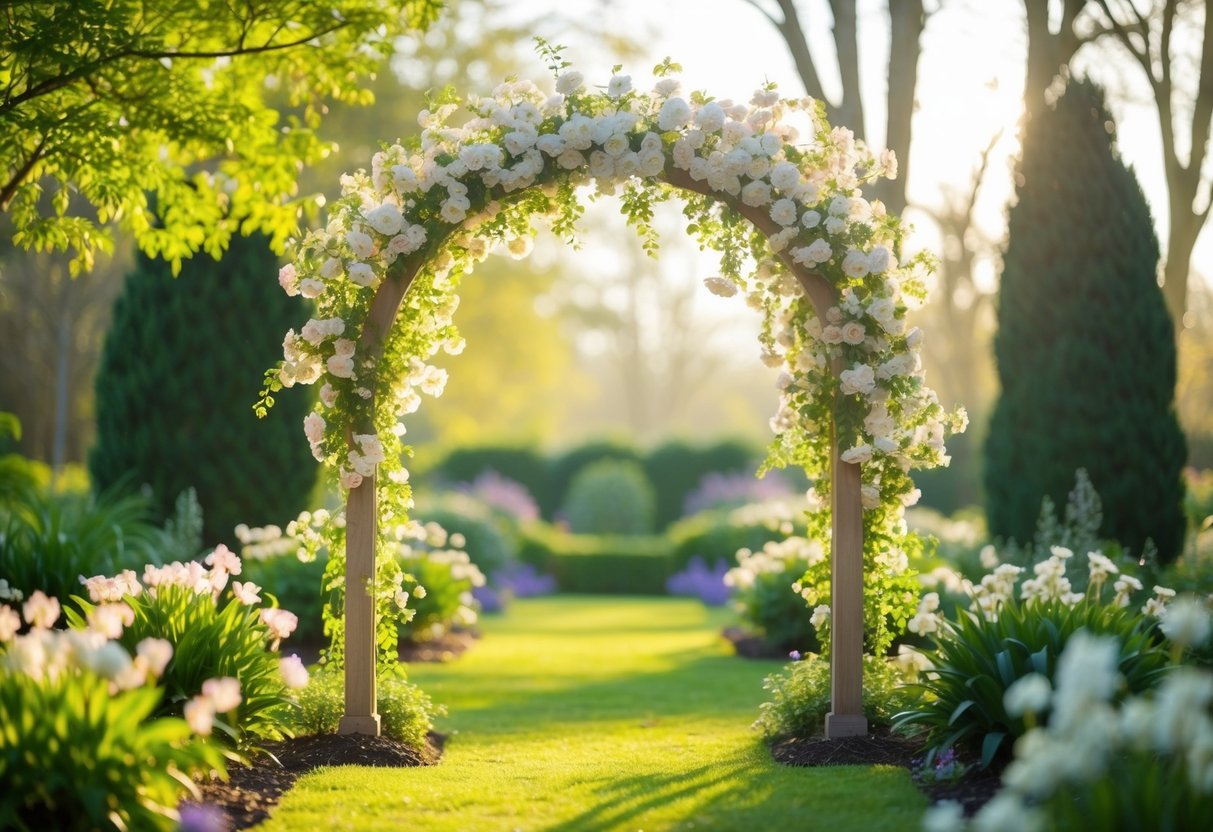 A serene garden with a blooming archway, adorned with delicate flowers and soft, golden sunlight filtering through the trees