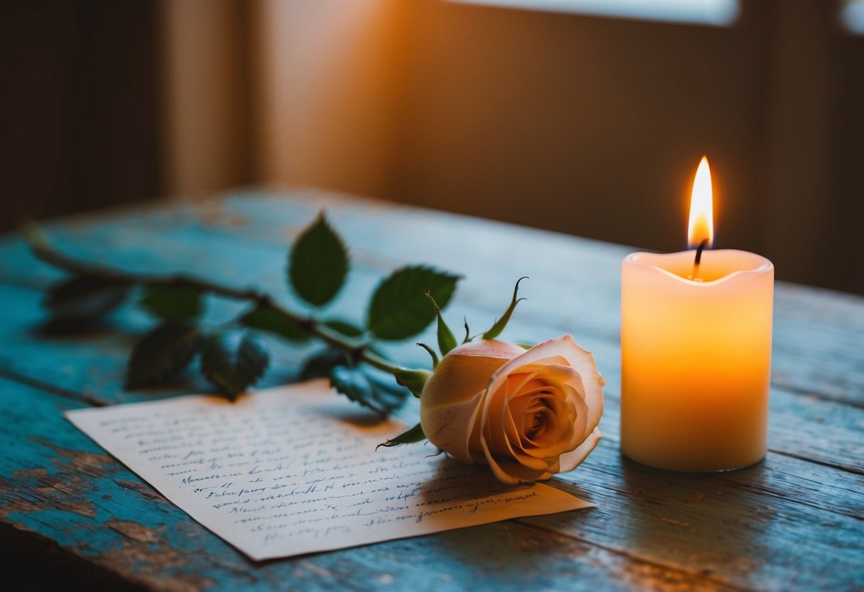 Soft candlelight illuminates a solitary rose resting on a weathered wooden table, casting a warm glow on handwritten vows