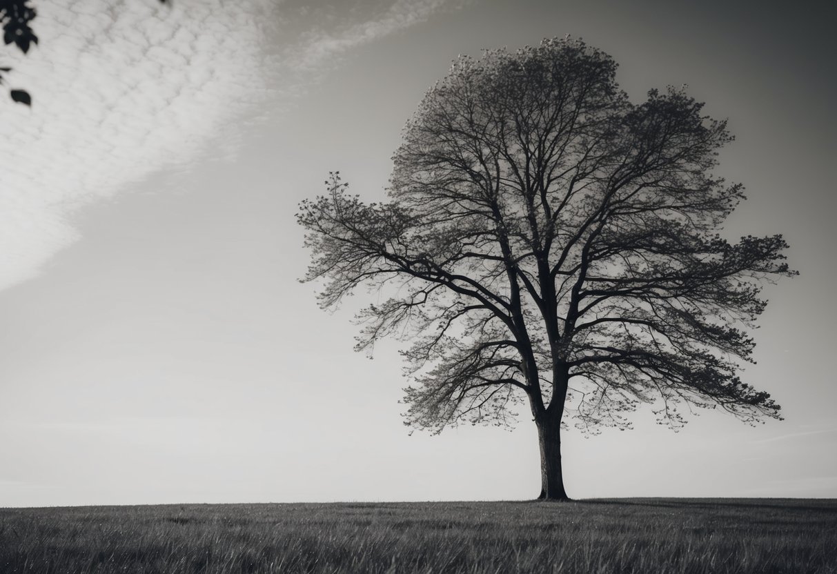 A solitary tree standing tall in a field, with a gentle breeze causing the leaves to sway and the branches to reach towards the sky, symbolizing the enduring and steadfast nature of vows