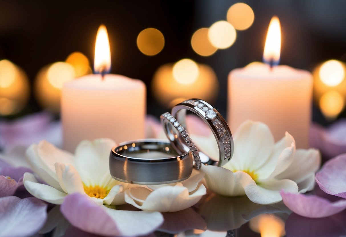 A couple's wedding rings resting on a bed of soft, delicate flower petals, surrounded by flickering candlelight