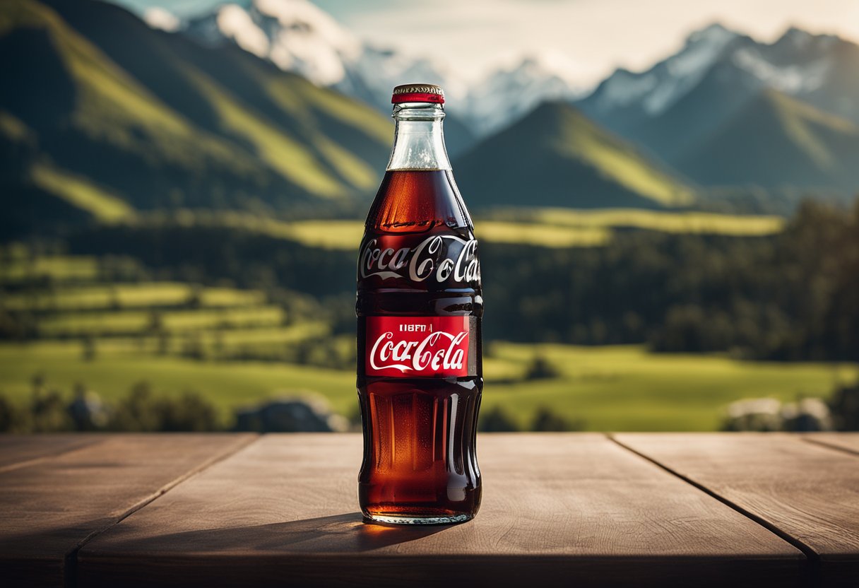 A bottle of Coca-Cola with the iconic red label stands on a table next to a glass filled with ice and the drink. The background features a classic New Zealand landscape