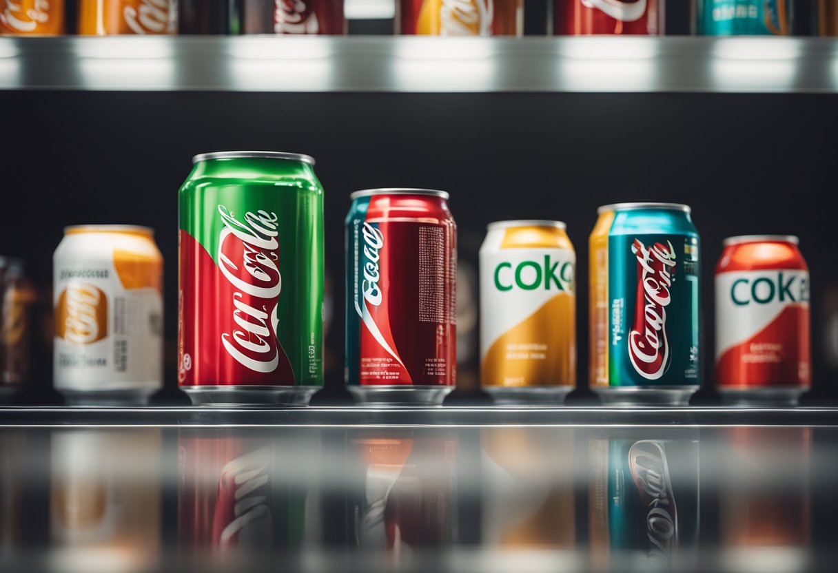 A refreshing can of Coke surrounded by various flavored variants on a sleek, modern display shelf