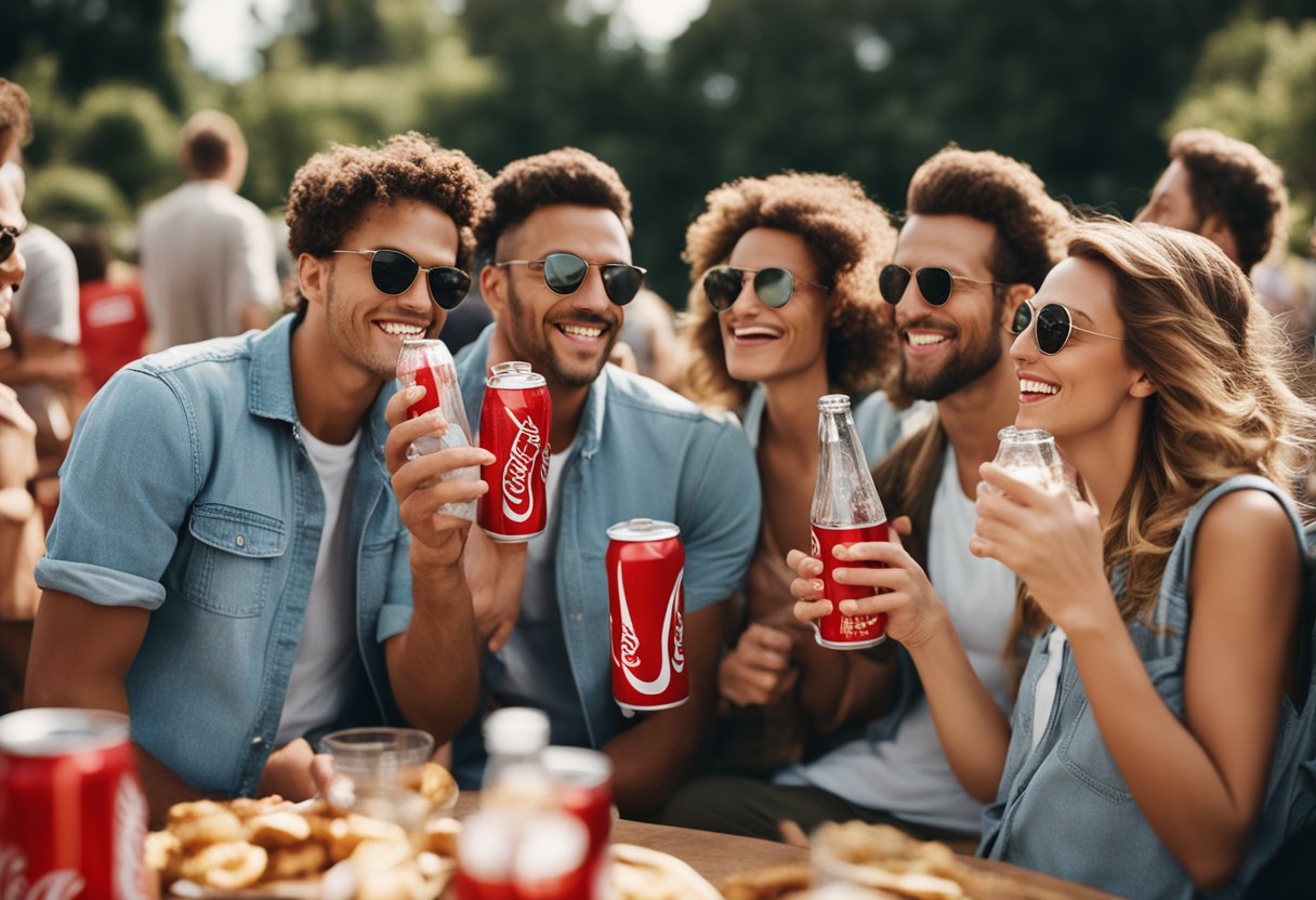 A group of people enjoying Coca-Cola products at a lively outdoor event