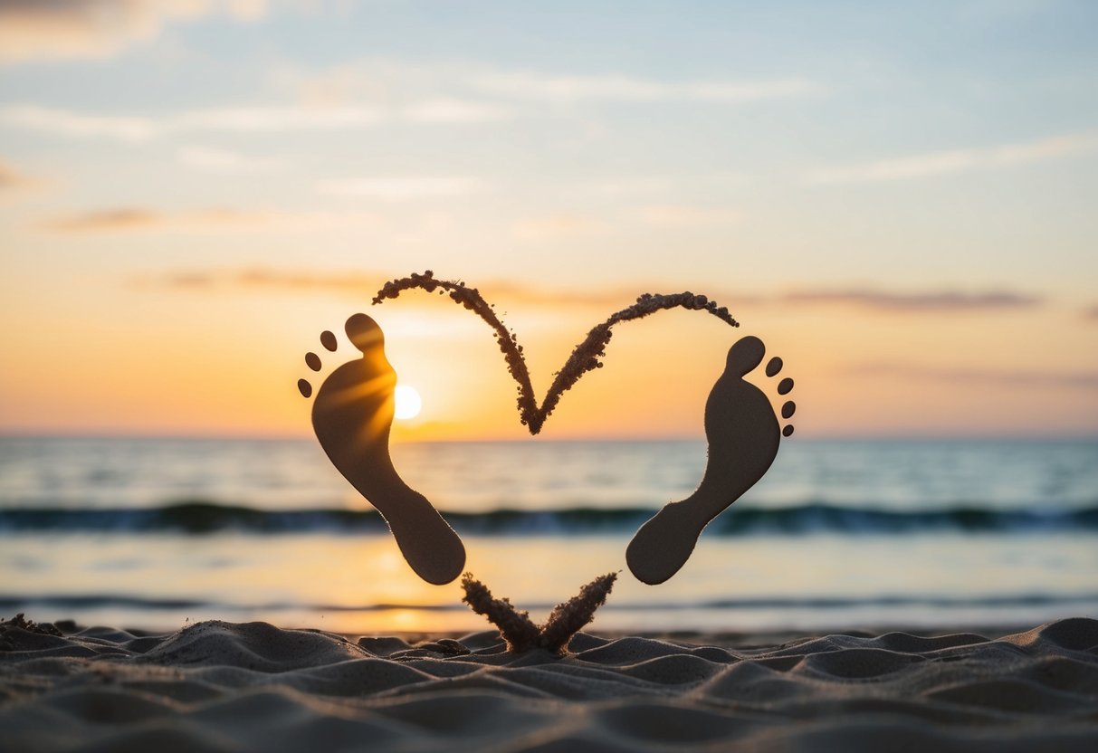 A serene beach at sunset with two sets of footprints leading towards the ocean, framed by a heart drawn in the sand