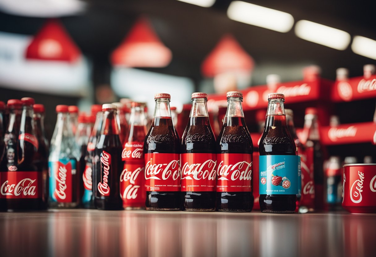 A vibrant display of Coca-Cola products and promotional materials at a lively event