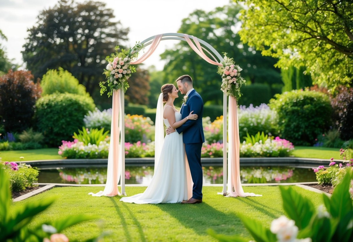 A couple stands in a lush garden, surrounded by blooming flowers and a serene pond. A decorative archway adorned with ribbons and flowers frames the scene, symbolizing the renewal of their love