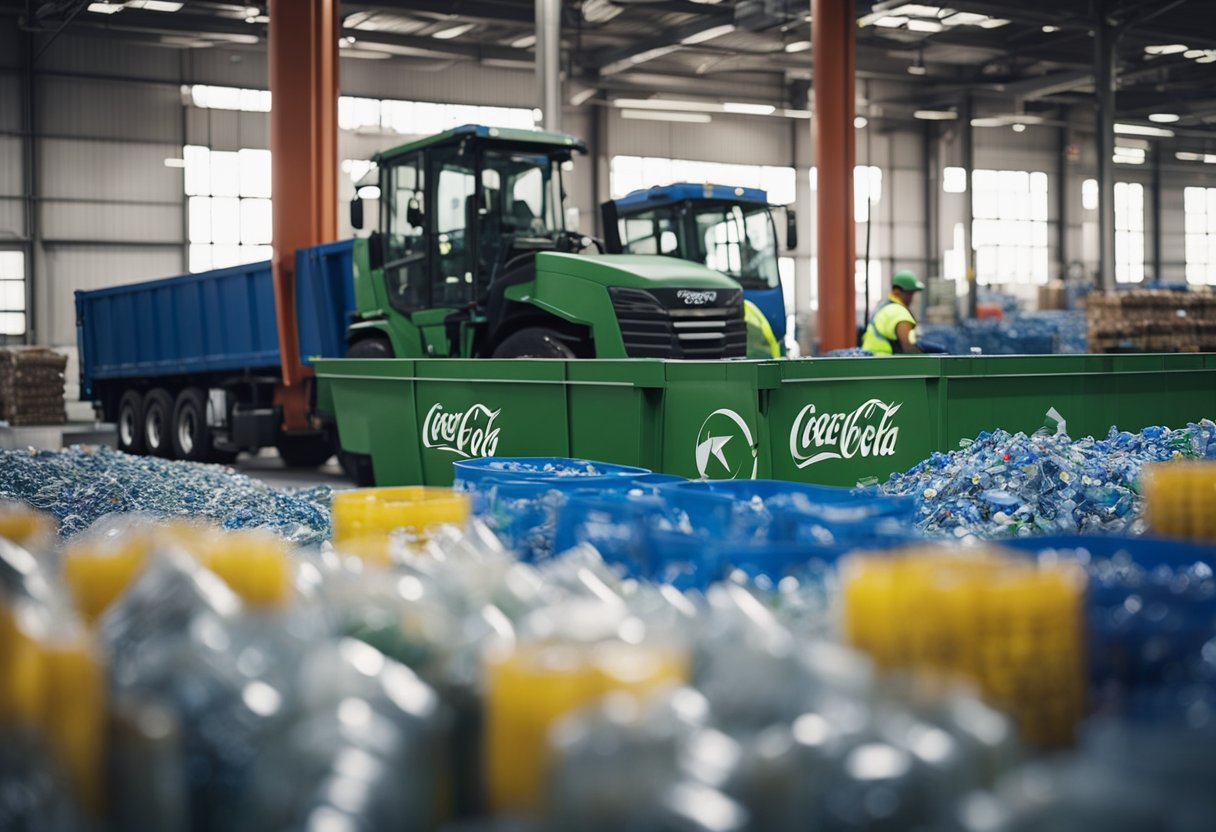 A recycling plant with workers sorting through piles of plastic bottles and cans. Trucks labeled "Coca-Cola" unload materials