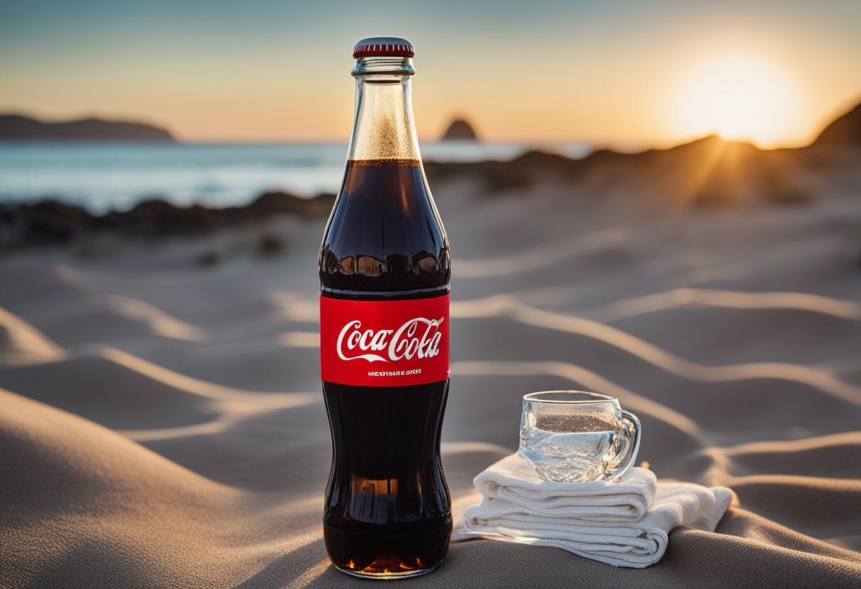 A glass bottle of Coke on a beach towel with a view of the New Zealand coastline