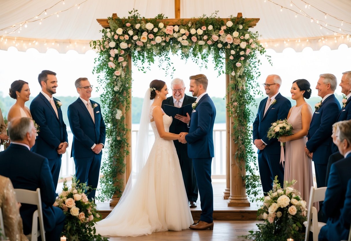 A couple standing in front of a decorated altar, surrounded by friends and family, exchanging vows under a canopy of flowers and twinkling lights