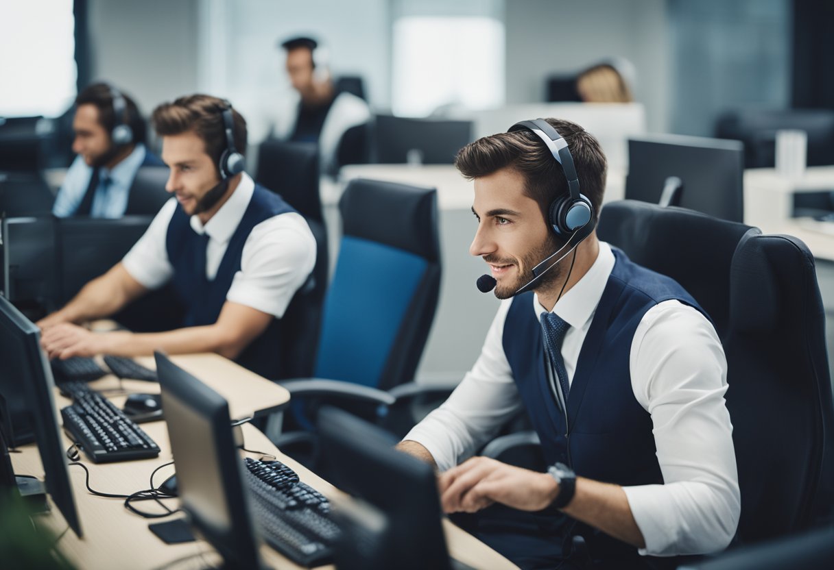 A call center with headsets, computers, and customer support representatives assisting clients