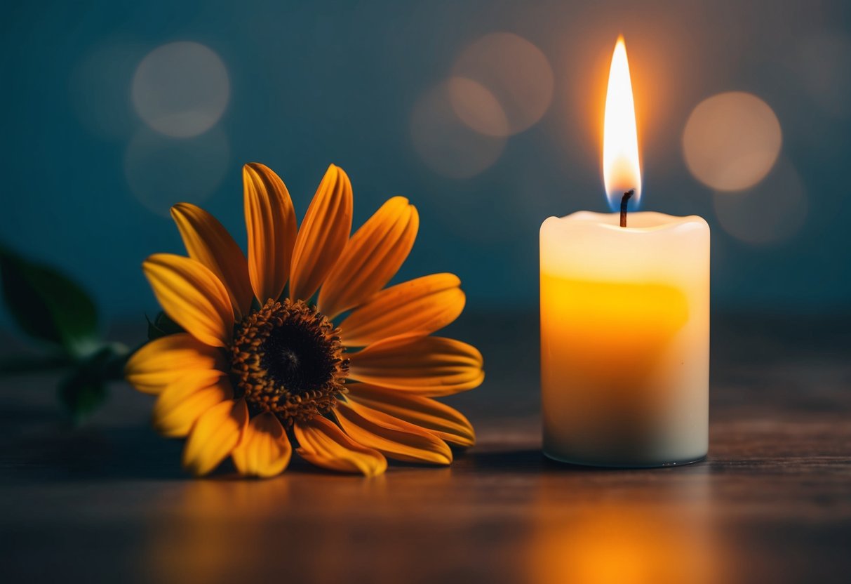 A single lit candle burning steadily next to a wilted flower, symbolizing the weight of a vow versus a promise