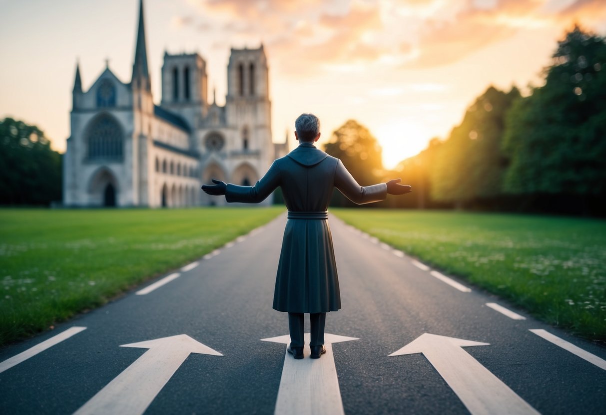 A figure standing at a crossroads, one path leading to a grand cathedral and the other to a simple garden, symbolizing the choice between solemn vows and personal promises