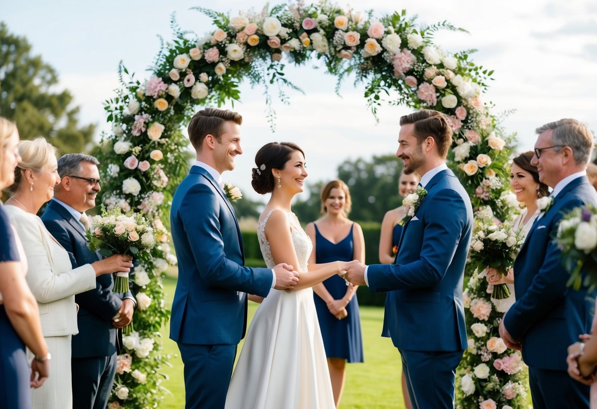 A couple standing under a floral arch, facing each other with smiles, surrounded by friends and family, exchanging heartfelt promises