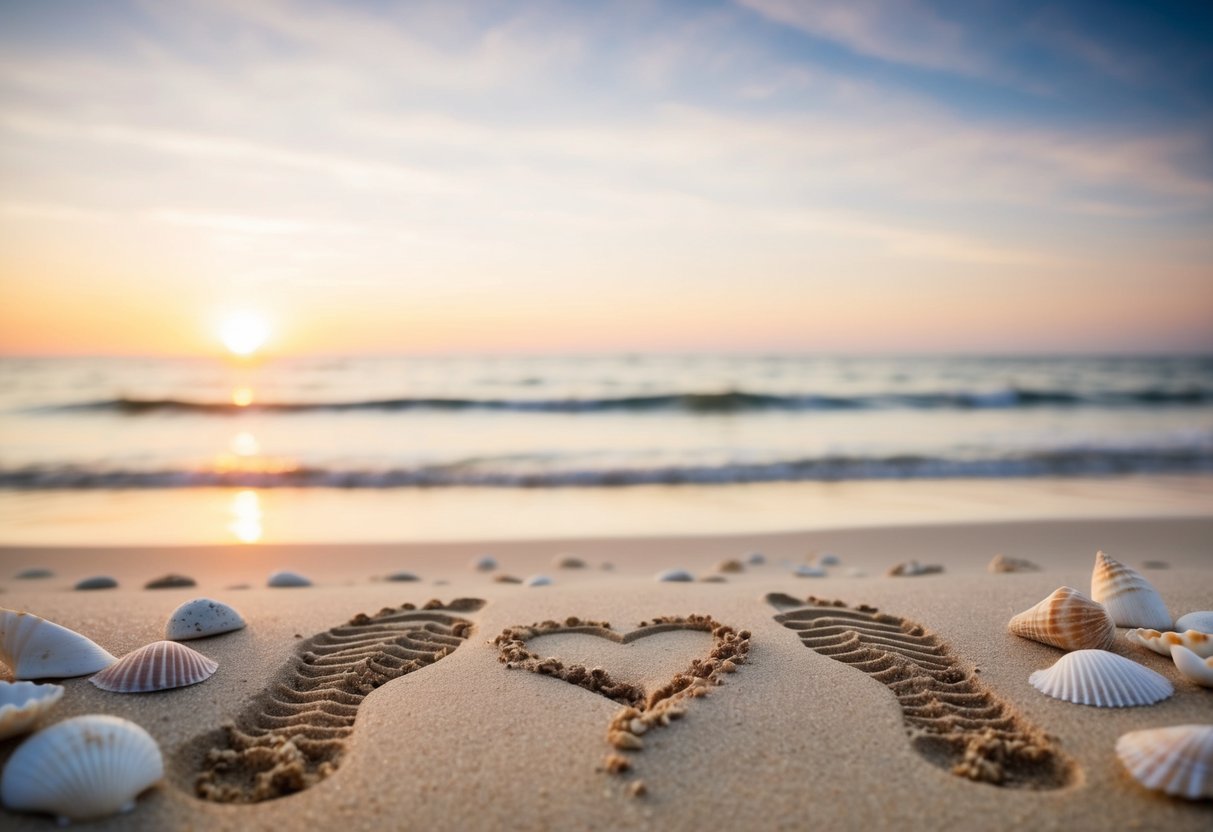 A serene beach at sunset with two sets of footprints leading towards a heart drawn in the sand, surrounded by scattered seashells and a gentle ocean breeze