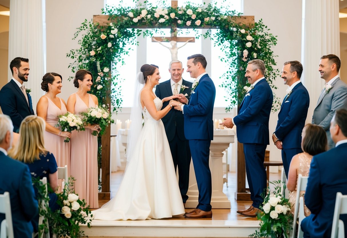 A couple standing at the altar, surrounded by family and friends, exchanging rings and vows, with a celebratory atmosphere
