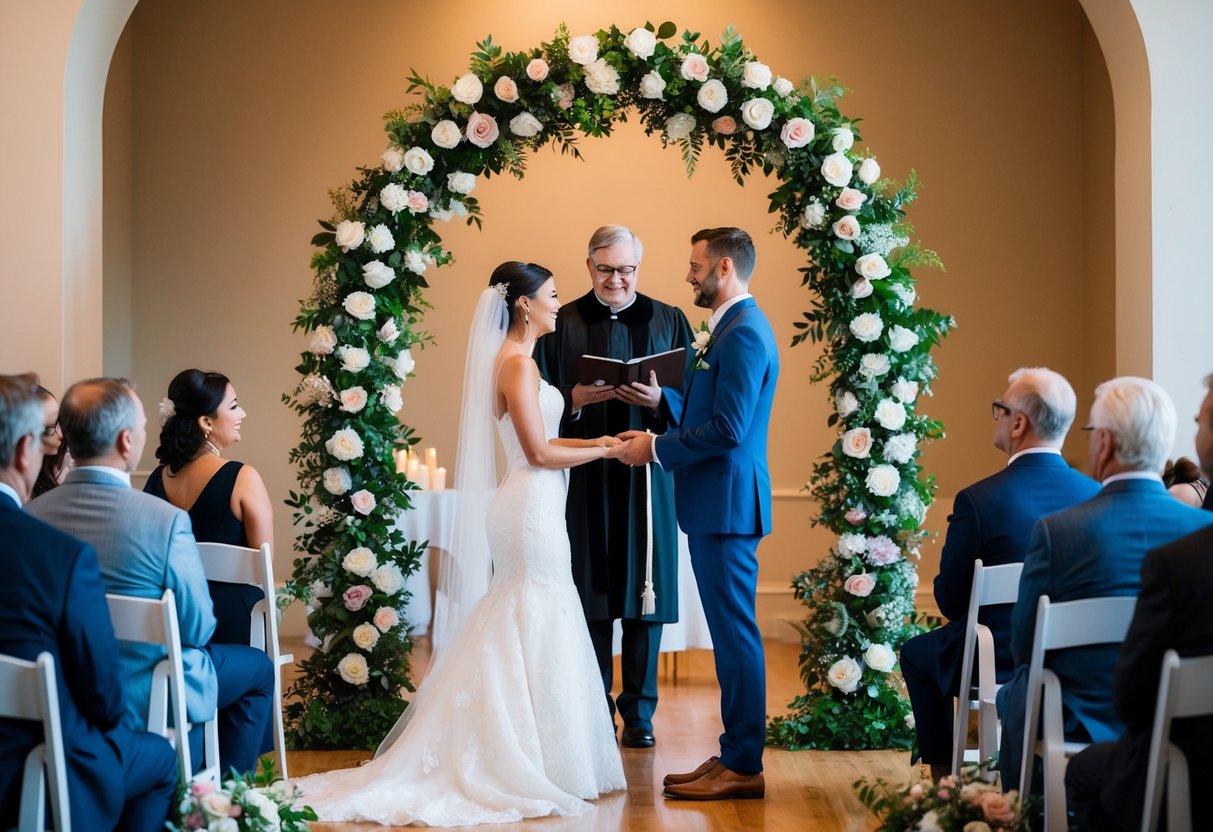 A couple standing in front of a floral arch, exchanging vows. An officiant presides over the ceremony. Family and friends watch from their seats