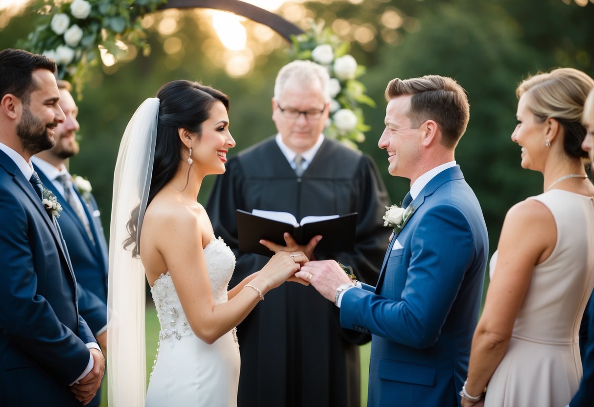 A couple standing in front of an officiant, exchanging rings and repeating vows. No guests or distractions present