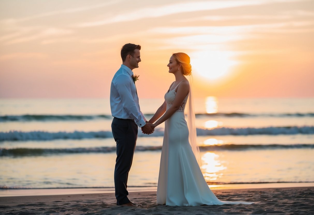 A couple standing on a beach at sunset, holding hands and looking into each other's eyes as they renew their vows