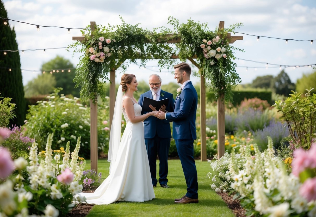 A couple standing in a garden surrounded by blooming flowers, exchanging vows under a canopy of greenery and twinkling lights
