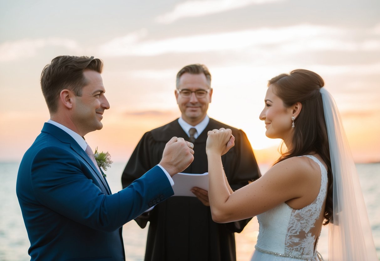 A couple standing before an officiant with crossed fingers, symbolizing what not to do at a vow renewal ceremony