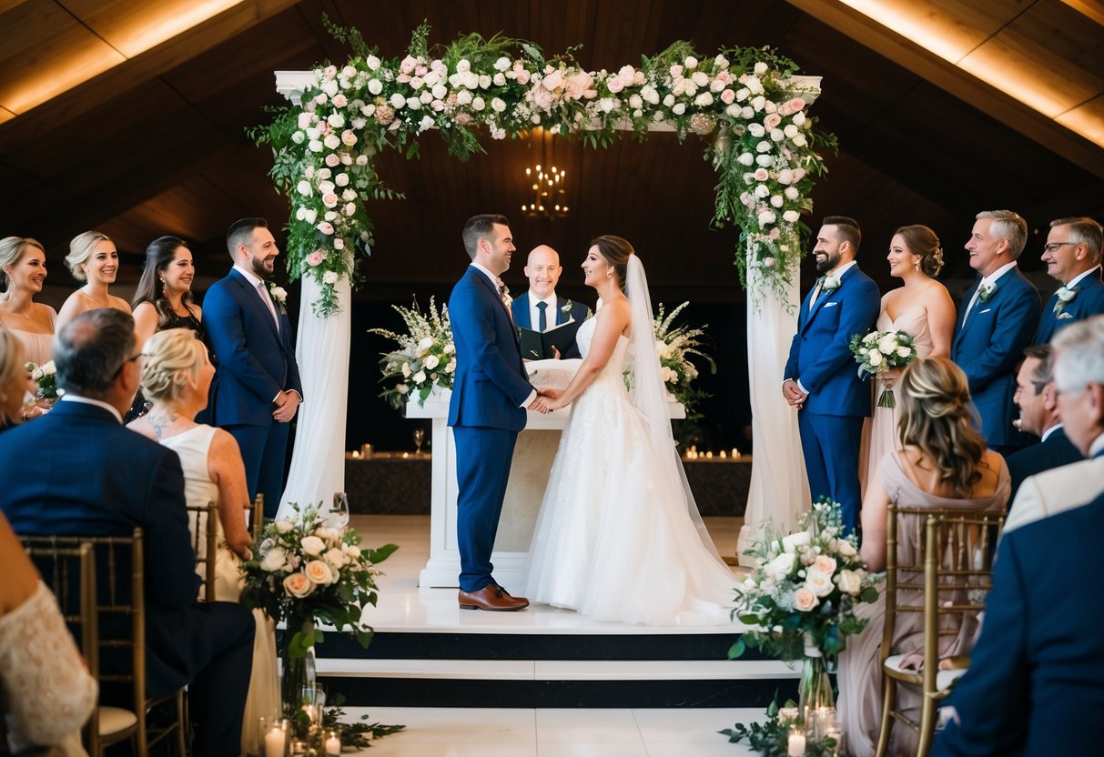 A couple standing at an altar, surrounded by friends and family. The atmosphere is joyful and celebratory, with flowers and decorations adorning the space