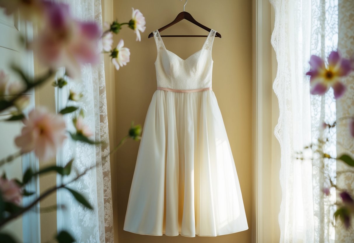 The dress hanging in a sunlit room, surrounded by delicate lace curtains and blooming flowers